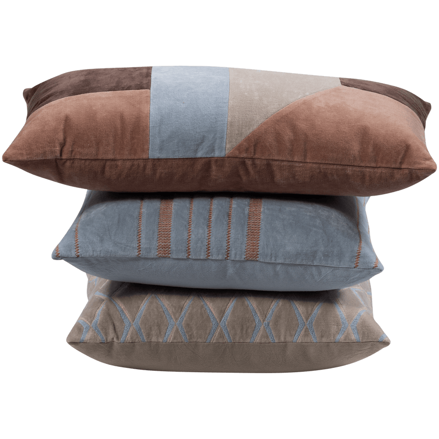 LAON Kussen VELVET NATUREL/BLAUW - SET VAN 3