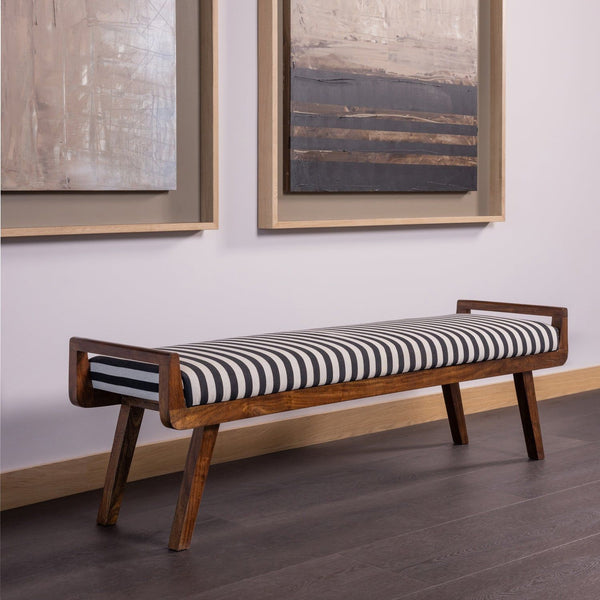 VALO BANKJE HOUT BRUIN MET STREEPSTOF ZWART/WIT
