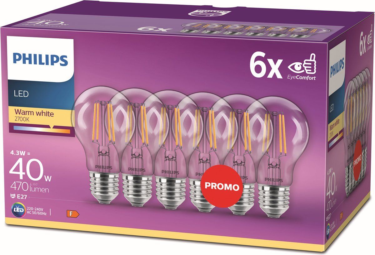 Philips Led Lamp transparant  40 W  E27  warmwit licht  6 stuks