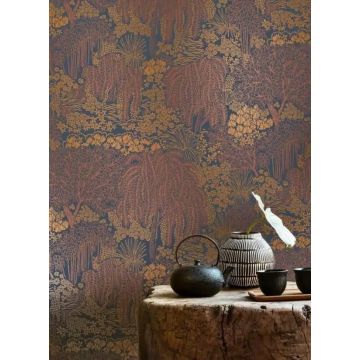 Vlies behang met metallic bomen- en bladerenprint