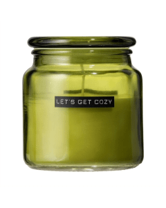 Geurkaars groot groen glas - cederhout - 'Let's get cozy'