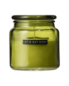 Geurkaars groot groen glas - cederhout - 'Let's get cozy'